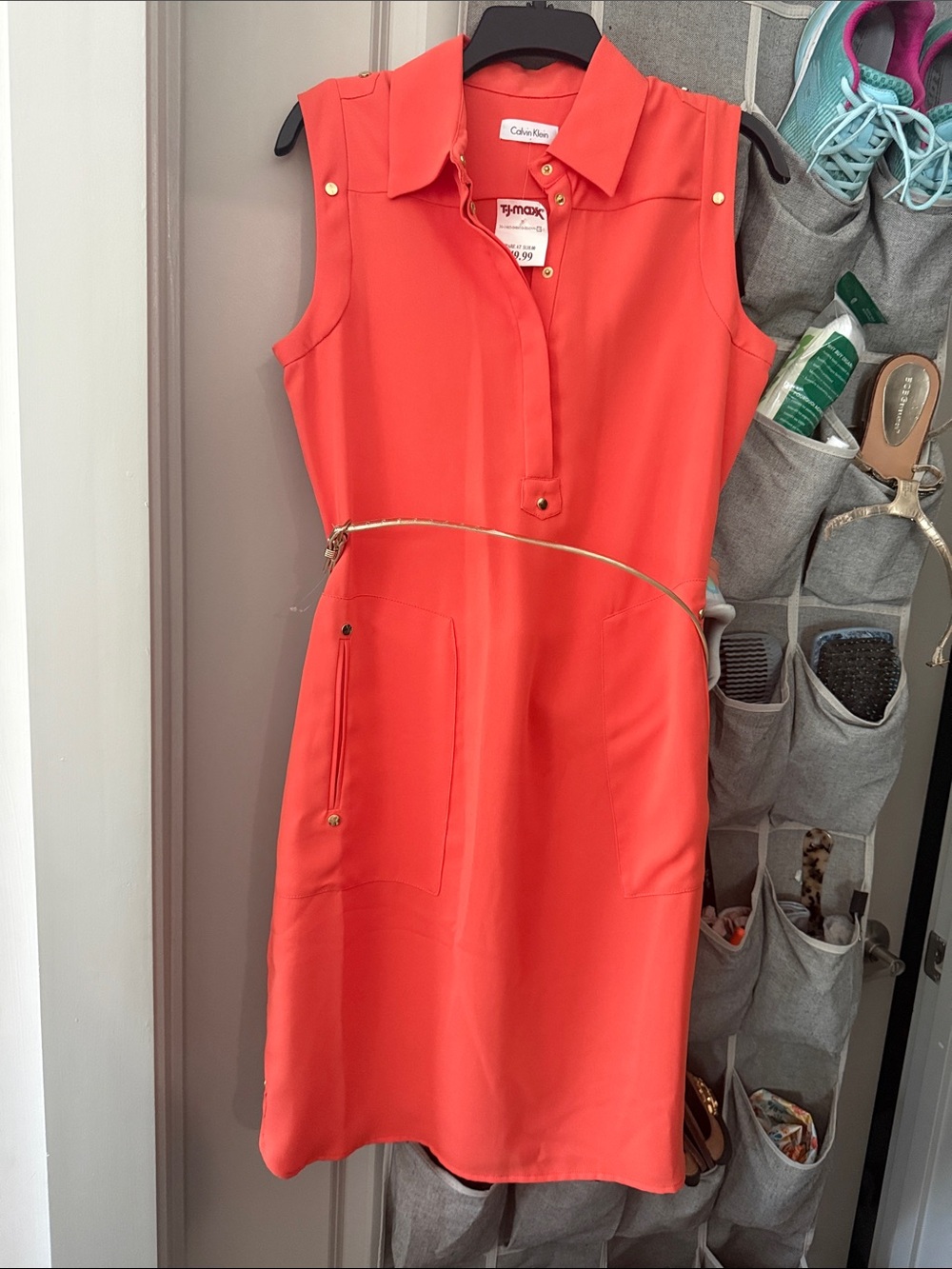 Calvin Klein Coral-Red Sleeveless Polo Shift Dress